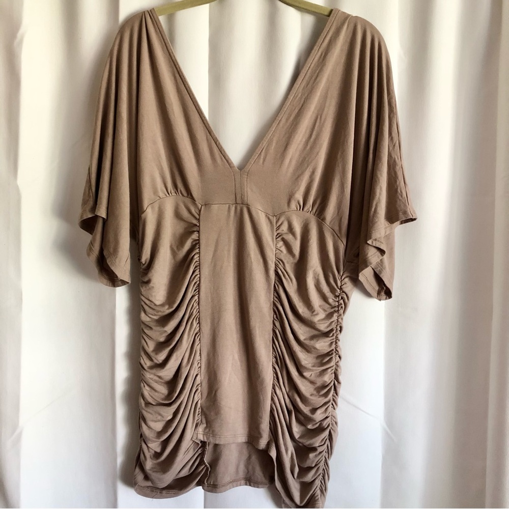Boston Proper ruched v-neck fitted mini dress in sandy beige Size L